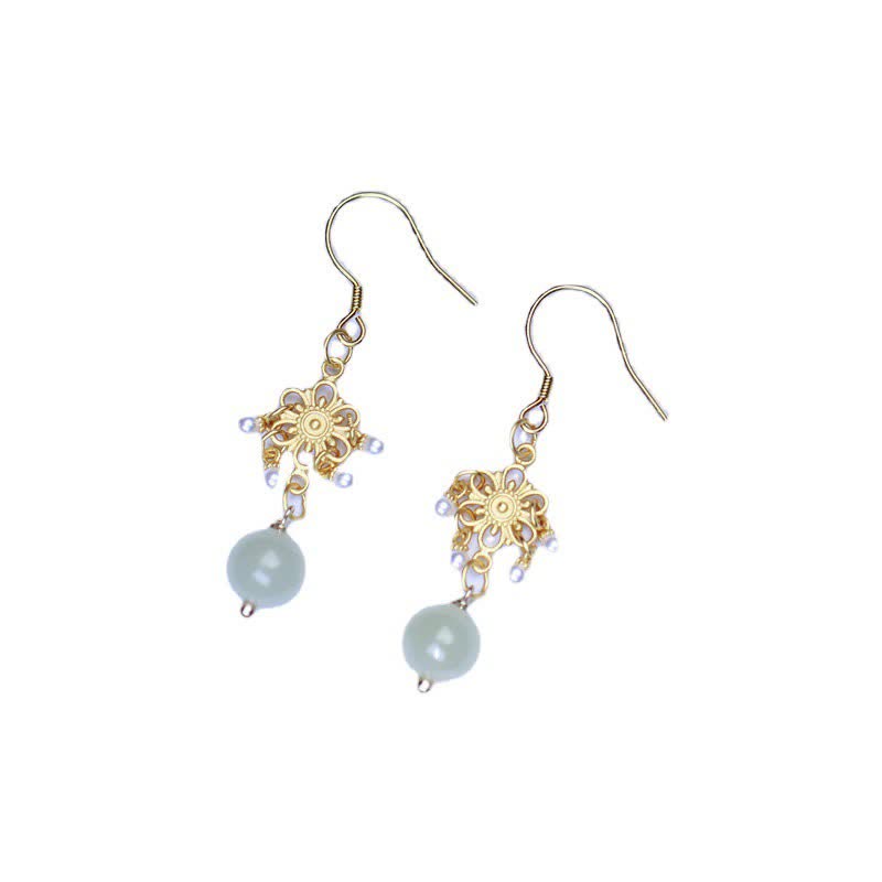 Pendientes colgantes con forma de gota de la suerte, chapados en oro de 14 quilates, con patrón de flores de jade hetiano - image 4