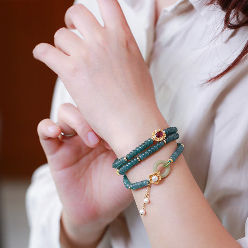 Pulsera de triple vuelta con hebilla de paz y flor de jade cian chapada en oro de plata de ley 925 con Buddha Stones