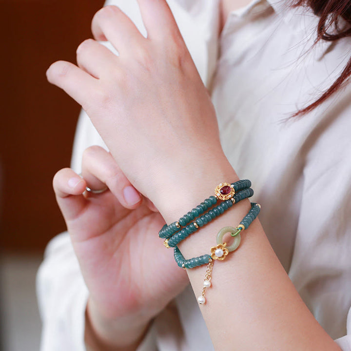 Pulsera de triple vuelta con hebilla de paz y flor de jade cian chapada en oro de plata de ley 925 con Buddha Stones