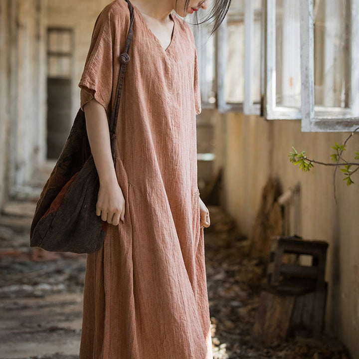 Vestido midi con cuello en V y teñido anudado hecho a mano con Buddha Stones Vestido de manga corta de lino