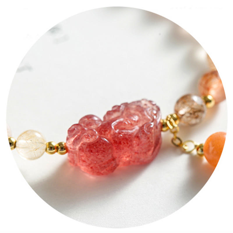 Pulsera de riqueza PiXiu de cuarzo fresa de cuarzo rutilado natural con Buddha Stones