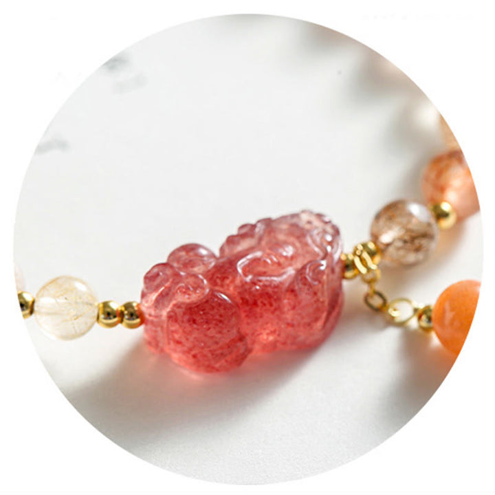 Pulsera de riqueza PiXiu de cuarzo fresa de cuarzo rutilado natural con Buddha Stones