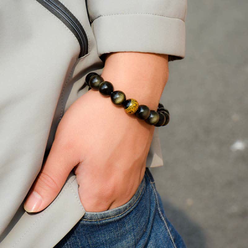Pulsera de protección de la riqueza de obsidiana con brillo dorado del Buda Natal del zodíaco chino