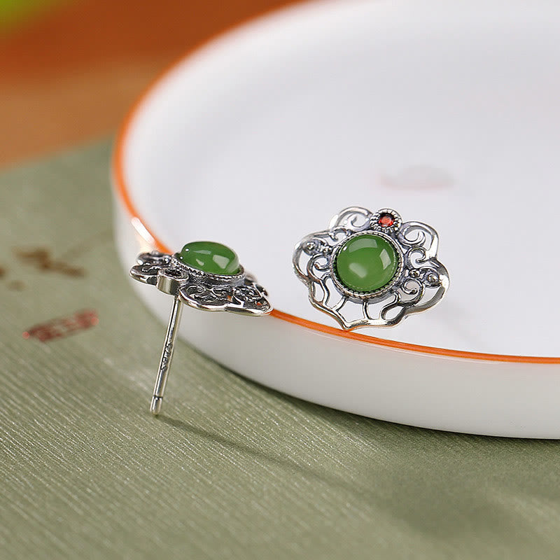 Juego de pendientes de anillo de la suerte con diseño hueco de jade cian hetiano natural de plata de ley 925 con Buddha Stones
