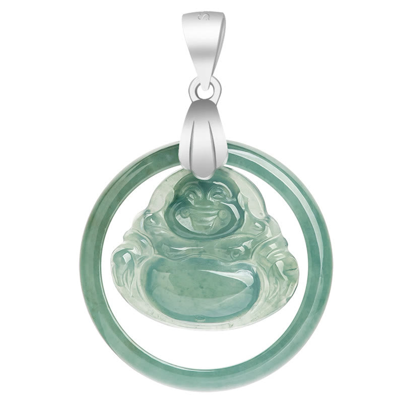 Buddha Stones de plata de ley 925, colgante de collar de cadena de abundancia de Buda sonriente redondo de Jade Natural