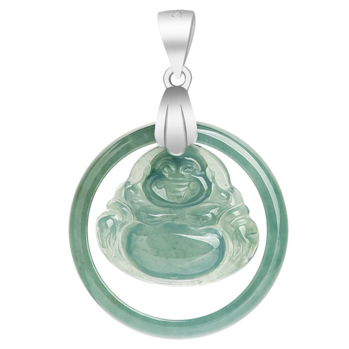 Buddha Stones de plata de ley 925, colgante de collar de cadena de abundancia de Buda sonriente redondo de Jade Natural