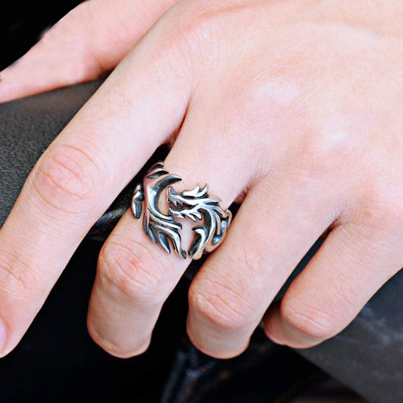Anillo ajustable de fuerza de protección con patrón de dragón de Buddha Stones