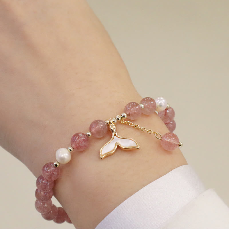 Pulsera curativa con dije de personaje Fu de cola de pez con cara sonriente de alce y perlas de cuarzo fresa con Buddha Stones