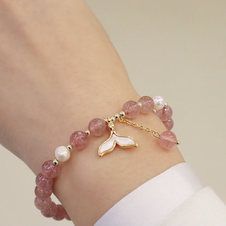 Pulsera curativa con dije de personaje Fu de cola de pez con cara sonriente de alce y perlas de cuarzo fresa con Buddha Stones