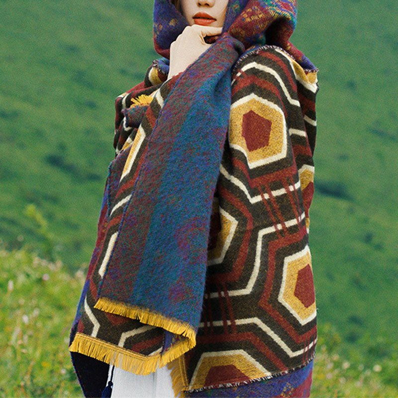 Mantón tibetano de Buddha Stones, patrón de formas geométricas, marrón, azul y rojo, bufanda de viaje acogedora para invierno