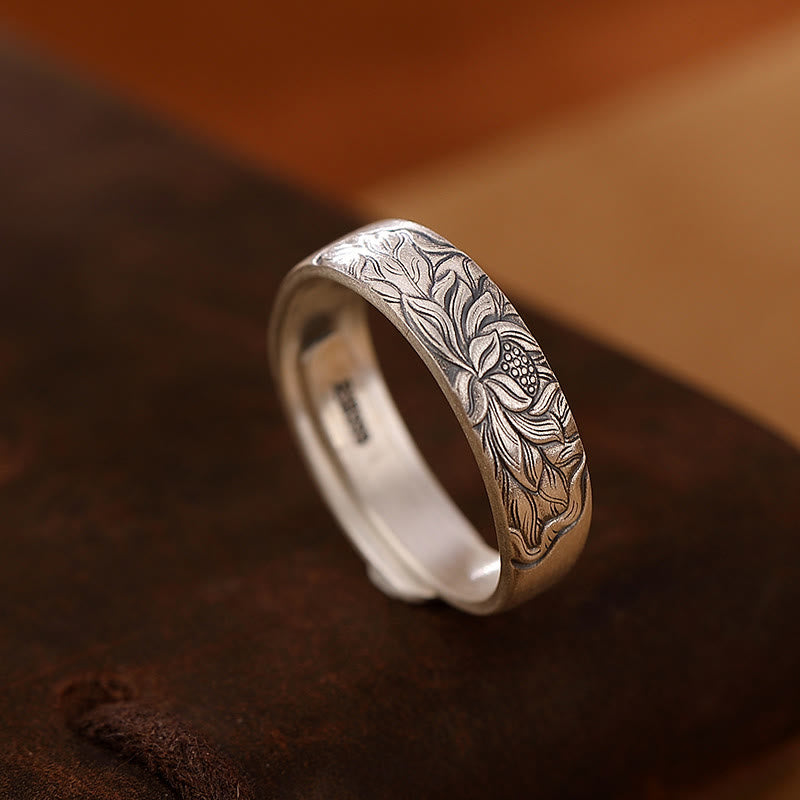 Anillo de iluminación grabado con Buddha Stones de plata de ley 999, flor de loto, flor de ciruelo, nubes auspiciosas