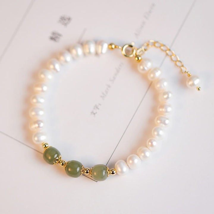 Pulsera de cadena de cuentas de sinceridad de jade blanco de jade cian hetiano de perlas naturales chapadas en oro de 14 quilates