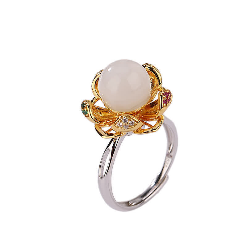 Anillo de éxito de flor de loto de jade cian blanco de plata de ley 925