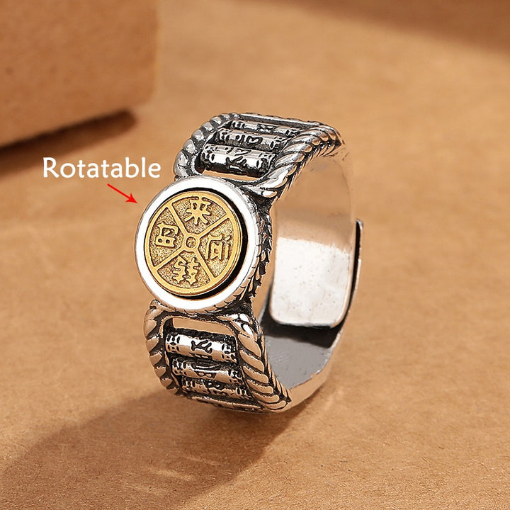 Anillo giratorio de pureza de moneda de cobre con diseño tallado de Om Mani Padme Hum tibetano de Buddha Stones