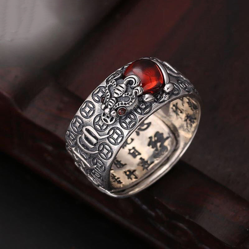 Genstone PiXiu Feng Shui Rana Vajra Dorje Corazón Sutra Riqueza Anillo Ajustable