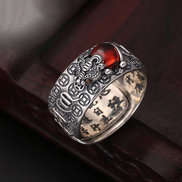 Genstone PiXiu Feng Shui Rana Vajra Dorje Corazón Sutra Riqueza Anillo Ajustable