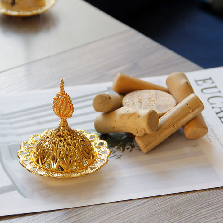 Mini quemador de incienso curativo de aleación de oro con decoración del hogar de posavasos de madera