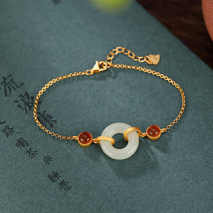 Pulsera de la Buddha Stones, Plata de Ley 925 chapada en oro, Jade Hetiano Natural, hebilla de la paz, ágata roja