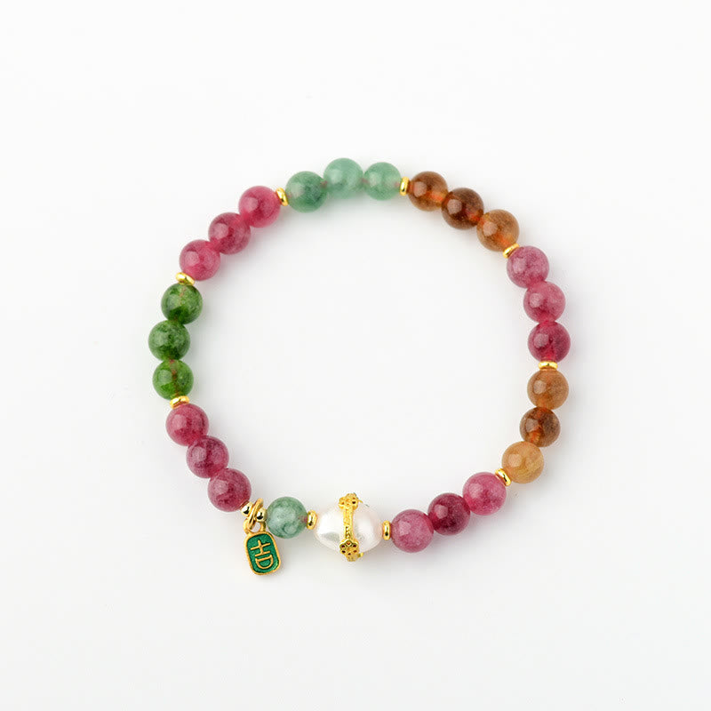 Pulsera de la sabiduría del encanto del carácter auspicioso de la perla de turmalina multicolor natural de las Buddha Stones