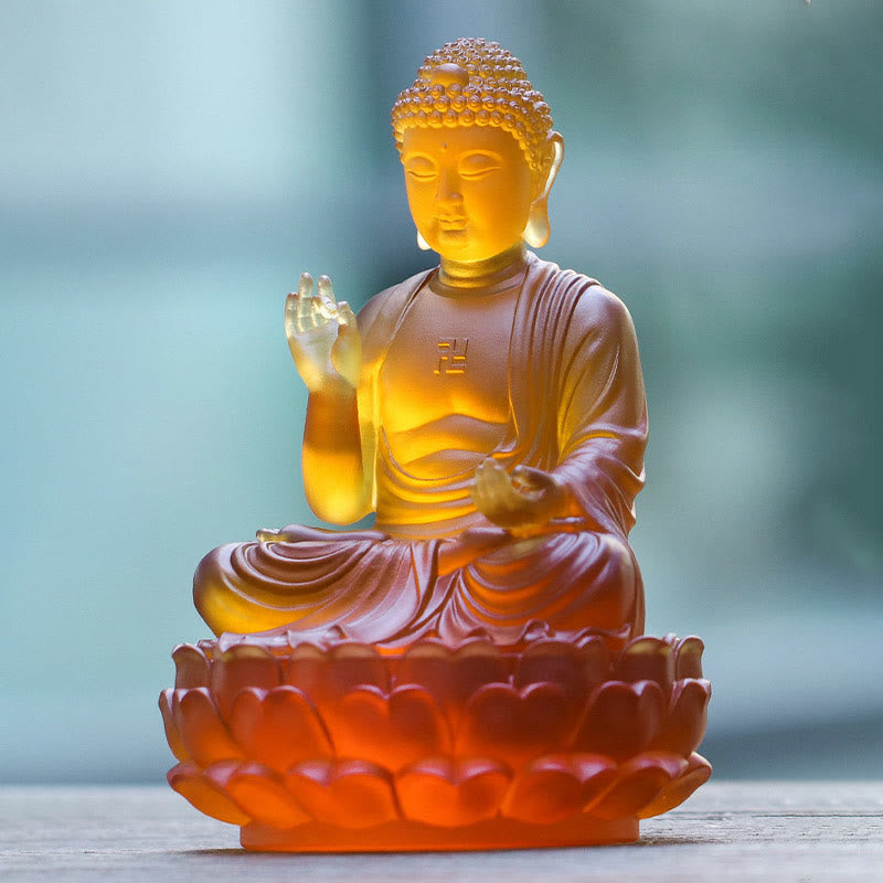 Buddha Stones hechas a mano Sakyamuni Buda Liuli, pieza de arte con cristal, estatua de compasión, decoración para el hogar y la Oficina