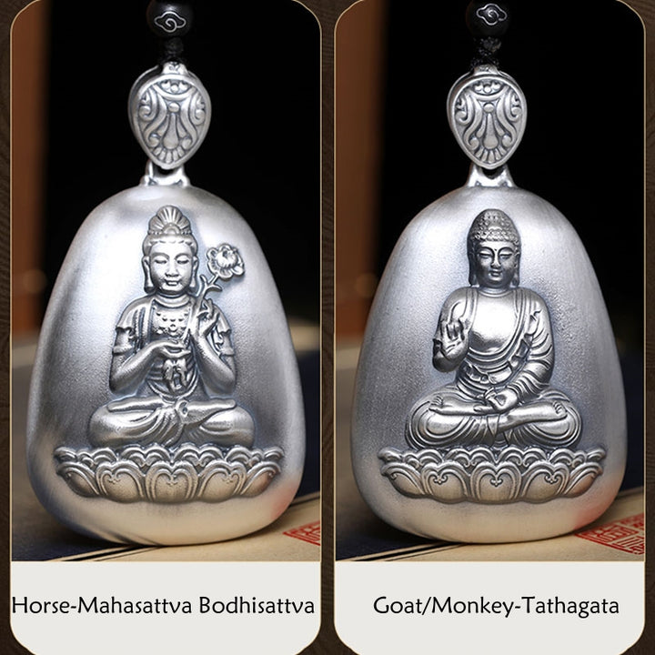 Collar con colgante de plata de ley 999 con Buddha Stones del zodíaco chino, corazón de Buda natal, Sutra grabado
