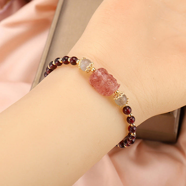 Pulsera de protección de piedra lunar PiXiu de cuarzo fresa granate turmalina natural de Buddha Stones