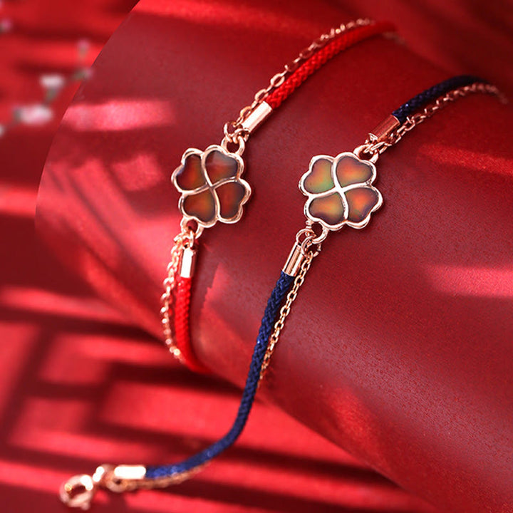 Pulsera de hilo rojo con protección de la suerte de trébol de cuatro hojas que cambia de color de plata de ley 925 con Buddha Stones