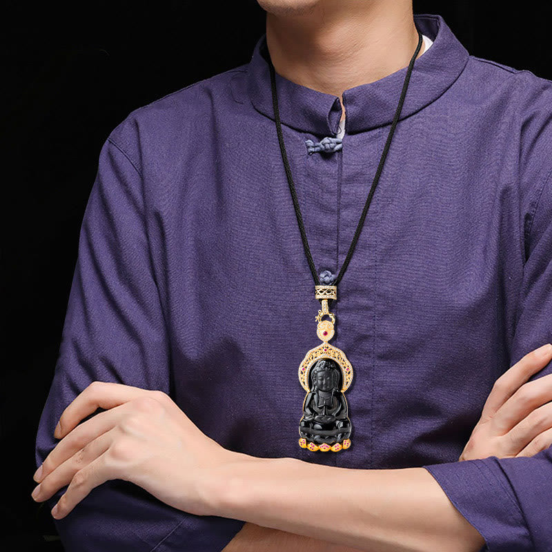 Collar con colgante de cadena de acero y titanio con Buddha Stones, jade negro natural, Kwan Yin, Avalokitesvara, riqueza - image 8