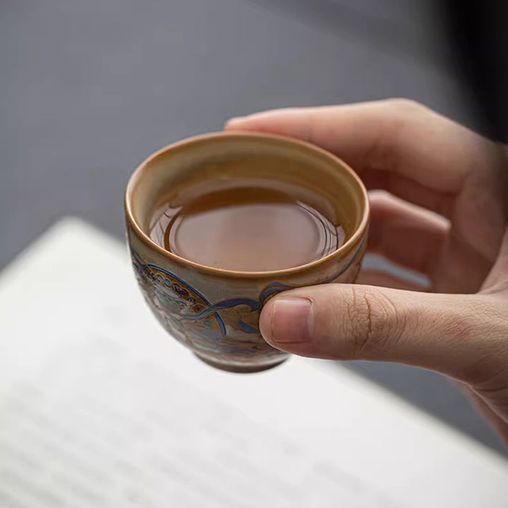 Taza de té de cerámica Gaiwan Sancai de Dunhuang Flying Apsaras con Buddha Stones, taza de té de Kung Fu con tapa
