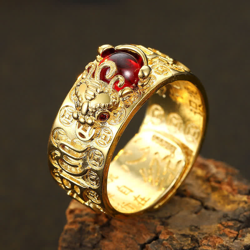 Anillo de riqueza Sutra con corazón de granate rojo FengShui PiXiu de Buddha Stones