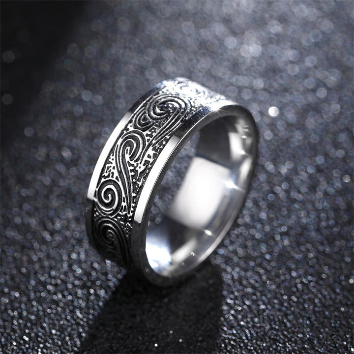 Anillo de equilibrio de acero de titanio con patrón grabado de nubes auspiciosas de onda vintage