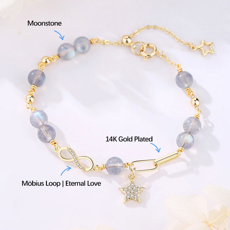 Buddha Stones chapadas en oro de 14 quilates, cuarzo fresa natural, piedra lunar, lazo de Möbius, pulsera positiva con estrella de amor eterno