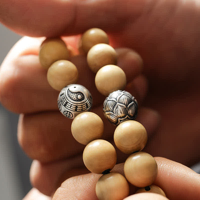 Pulsera de la riqueza de la suerte del Tíbet, madera de melocotón, loto, cinabrio, Bagua, Yin Yang