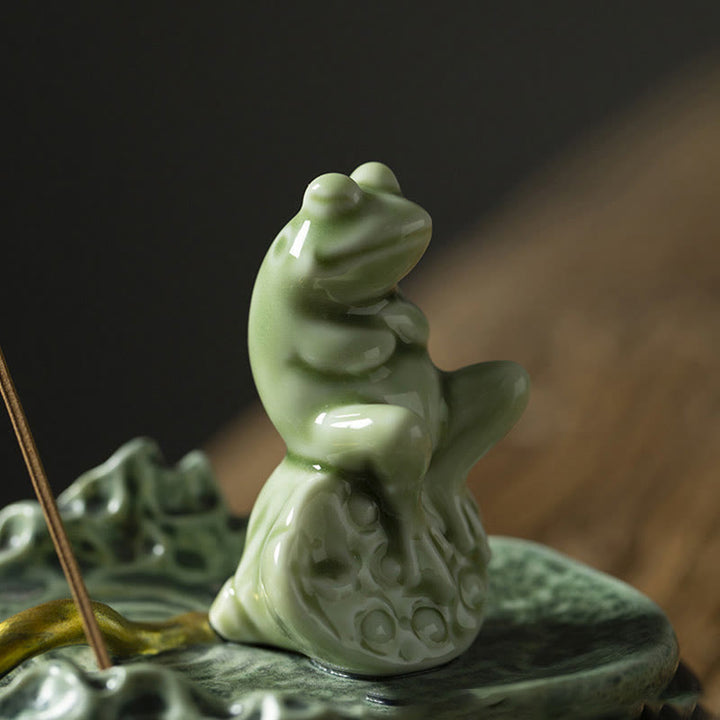Quemador de incienso de cerámica curativo con patrón de rana para meditación de hojas de Buddha Stones, decoración