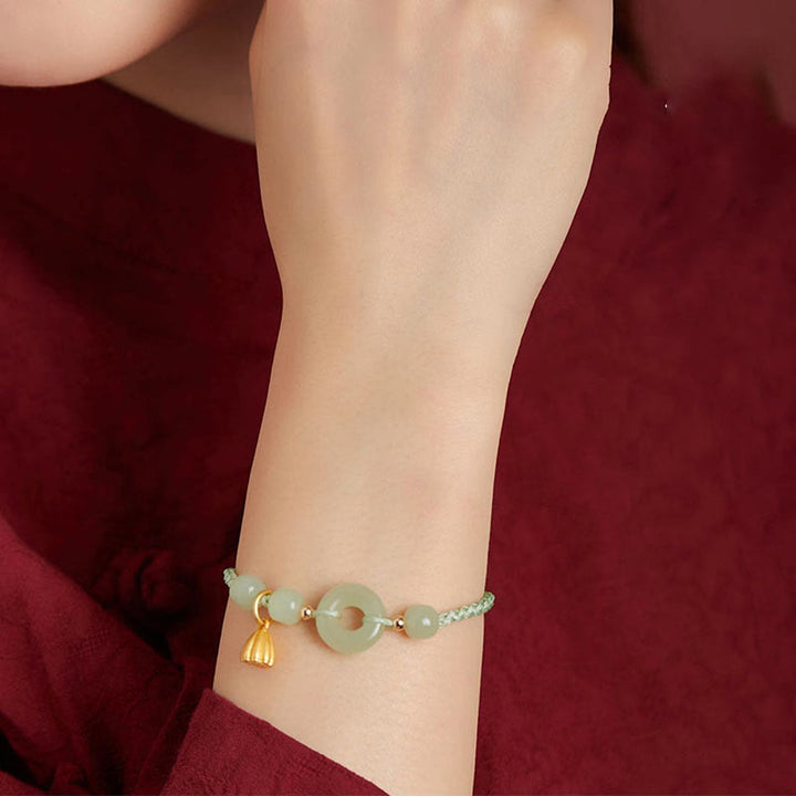 Pulsera de Buddha Stones, hebilla redonda de la paz, Jade, loto, felicidad, abundancia y riqueza