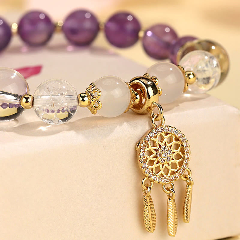 Pulsera curativa de atrapasueños de cristal de amatista, cuarzo, fresa verde, Buddha Stones