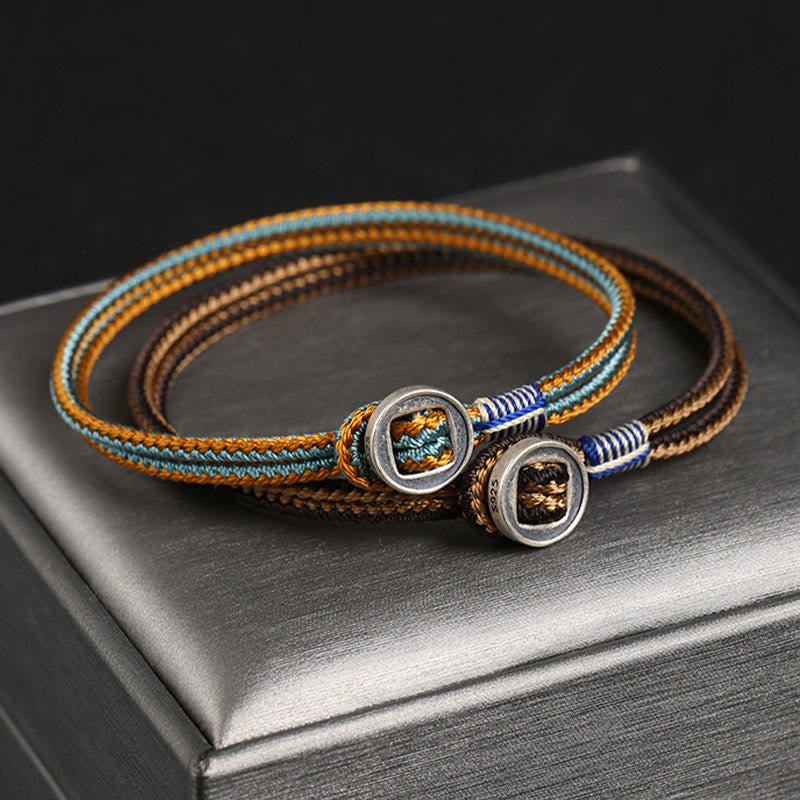 Pulsera de hilo de tejido de protección de botón hecha a mano de plata de ley 925 con Buddha Stones