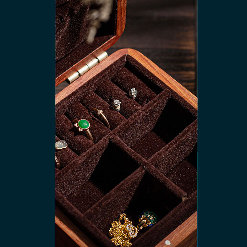 Caja organizadora de regalo de madera, caja de almacenamiento de joyería de palisandro hecha a mano con hoja de flor antigua