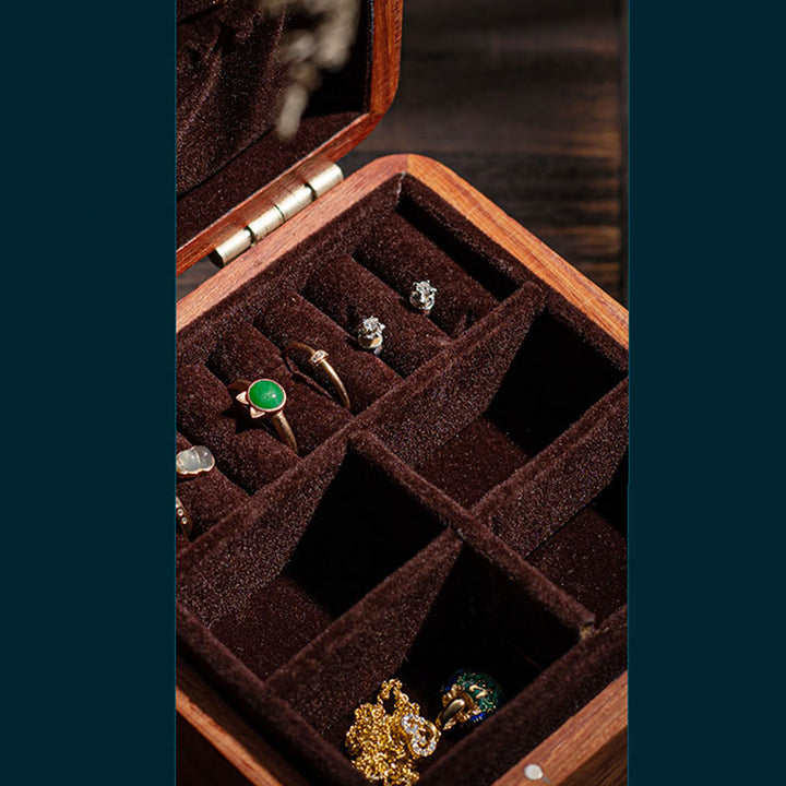 Caja organizadora de regalo de madera, caja de almacenamiento de joyería de palisandro hecha a mano con hoja de flor antigua