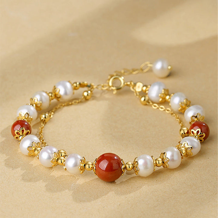 Pulsera de cadena de doble capa con cuentas de sabiduría de cinabrio y perlas de plata de ley 925 con Buddha Stones - Perla y cinabrio - image 0
