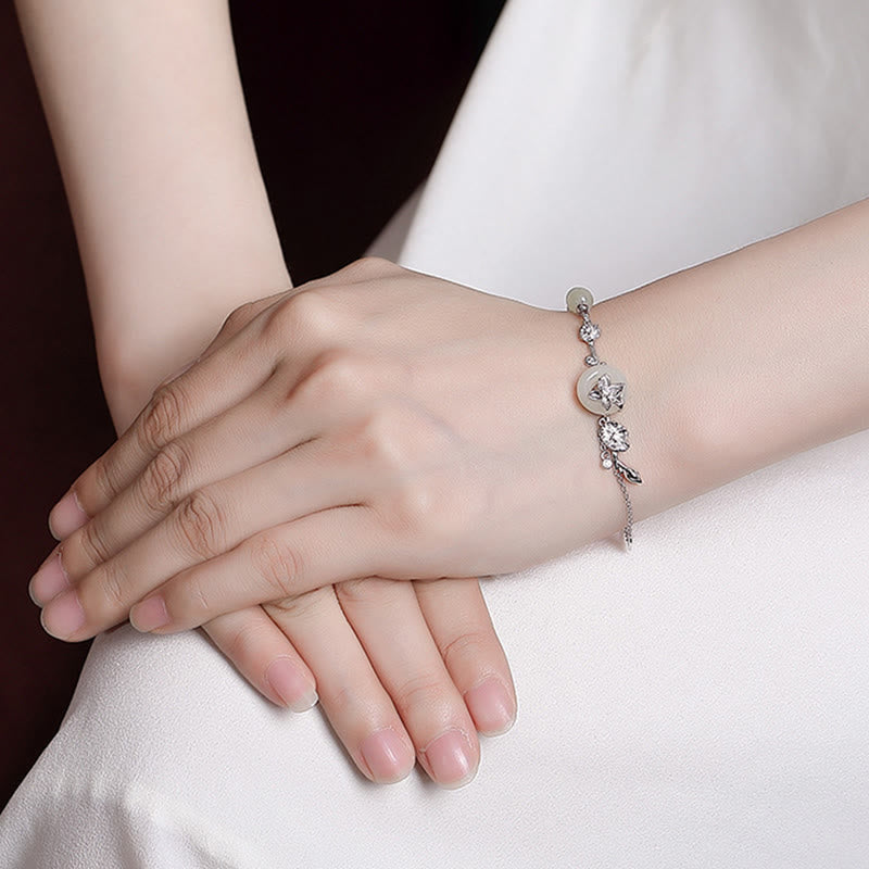 Pulsera de cadena de la suerte de loto con hebilla de la paz de jade hetiano de plata de ley 925 con Buddha Stones