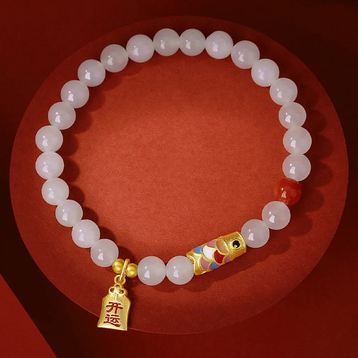 Pulsera de plata de ley 925 con Buddha Stones , jade blanco hetiano, ágata roja, pez Koi, suerte y felicidad