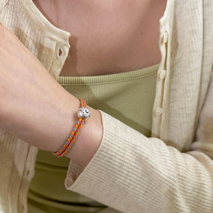 Pulsera Trenzada Multicolor De La Suerte Caqui De Plata De Ley 999 Con Buddha Stones