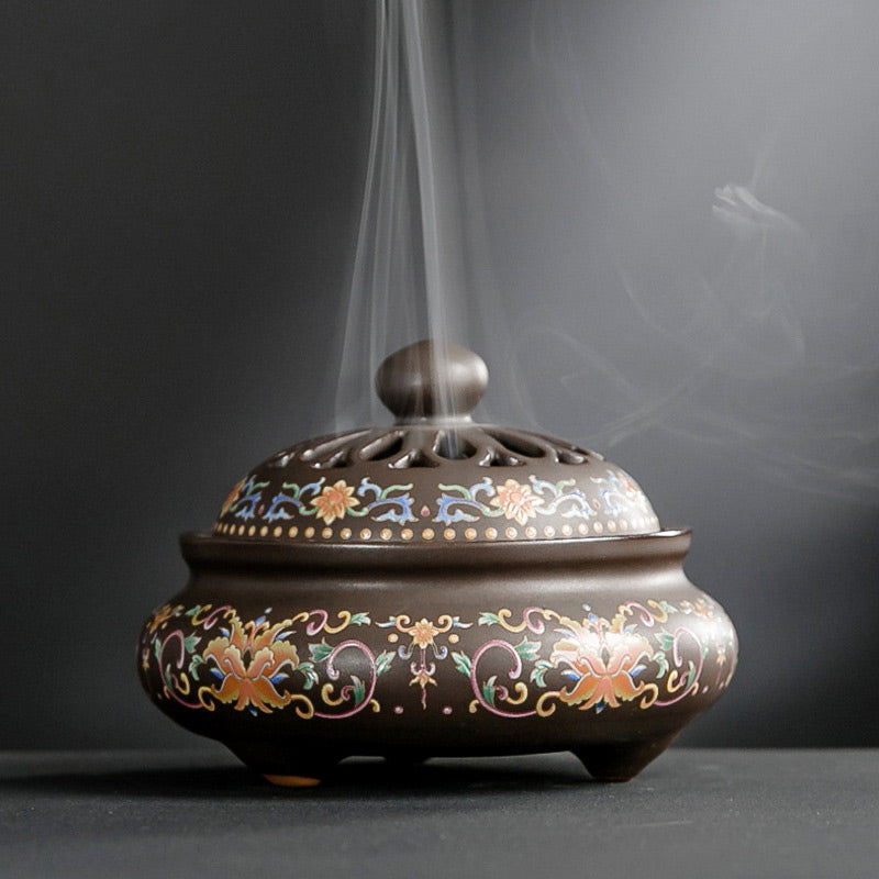 Quemador de incienso de cerámica para meditación, fuente de humo de reflujo con patrón Floral de dragón, decoración
