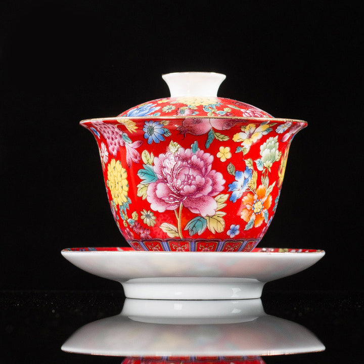 Taza de té y platillo con tapa, Gaiwan Sancai de cerámica, flores de peonía, Buddha Stones , Kung Fu