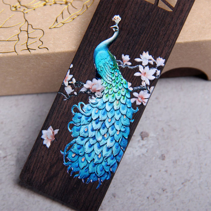 Marcadores de libros de madera de ébano y pavo real azul con Buddha Stones y caja de regalo