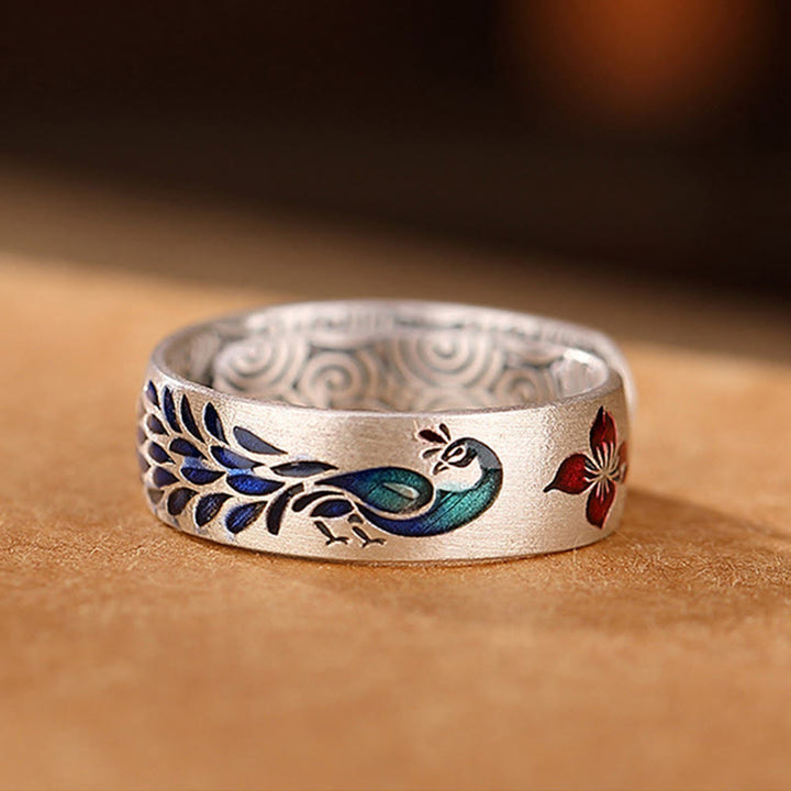 Anillo de plata de ley 999 con Buddha Stones , diseño de pavo real, nubes propicias, flor de loto grabada