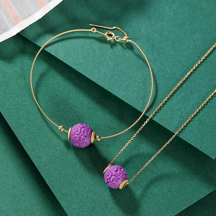 Juego de pulsera con colgante de collar positivo con cuentas en relieve de piedra de Mica púrpura Natural chapada en plata de ley 925 con Buddha Stones