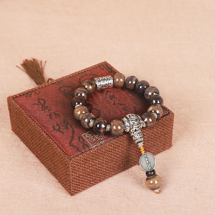 Buddha Stones Tíbet Om Mani Padme Hum Rueda de oración Dorje Vajra Pulsera de sabiduría con cuentas de vidrio grabadas