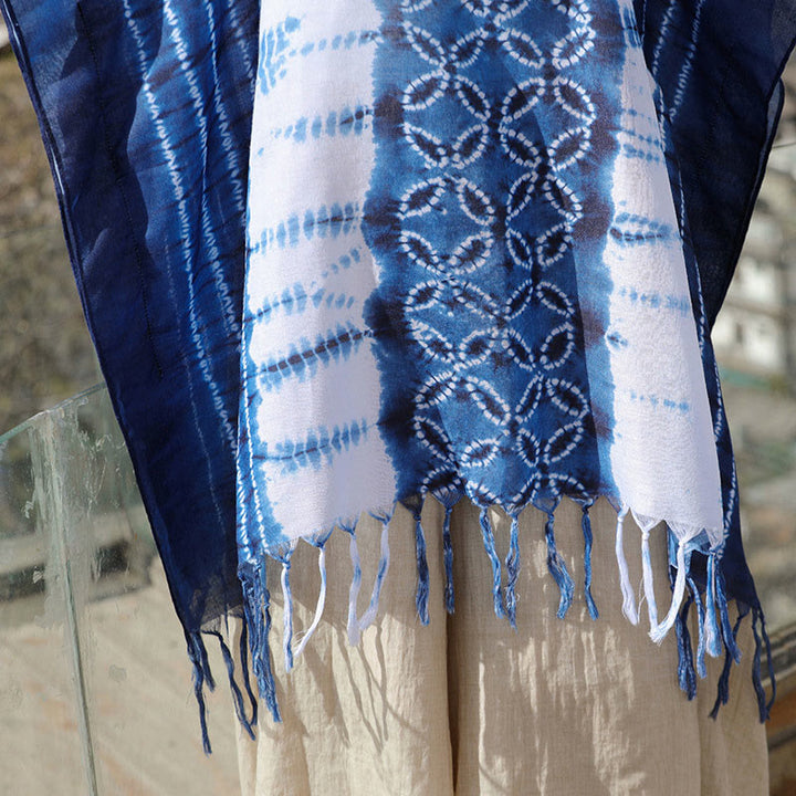 Buddha Stones azul blanco rayas índigo teñido chal borlas acogedor jersey 90*95 cm